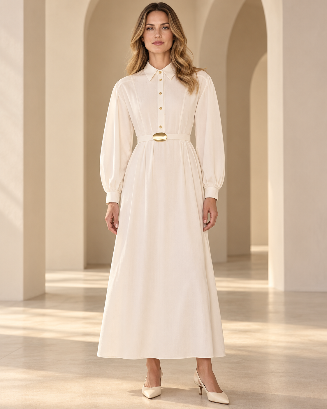 Belted Pleated Poplin Maxi Shirt Dress