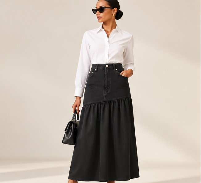 Denim & Poplin A-Line Maxi Skirt – High Waist Color Block