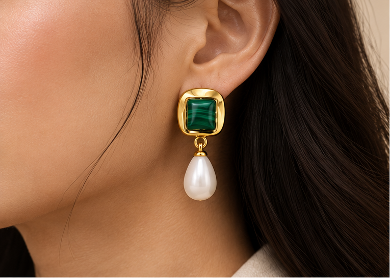 Elegant 18K Gold-Plated Malachite & Pearl Drop Earrings