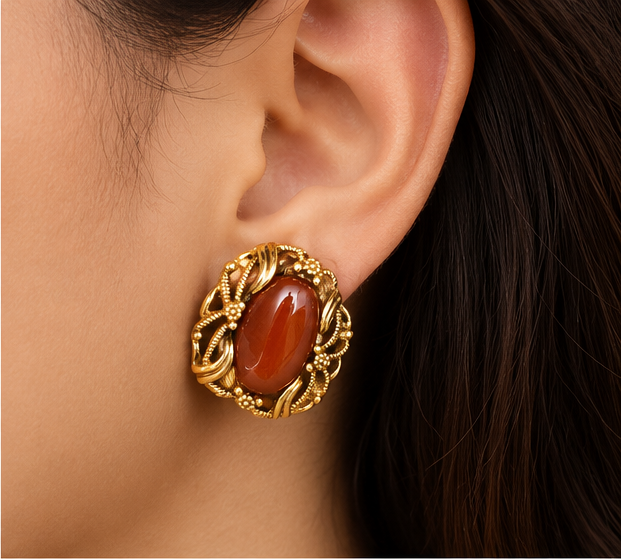 Elegant Vintage Brown Stone Earrings with Gold Floral Frame