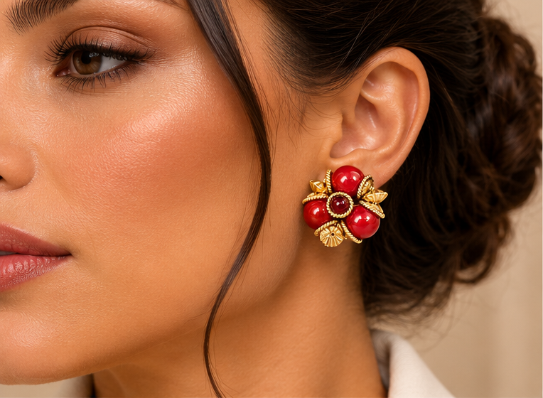 Vintage 18K Gold-Plated Red Agate Leaf Cluster stud Earrings