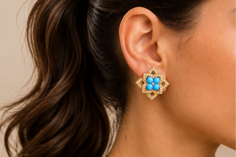 Vintage 18K Gold-Plated Enamel Turquoise & Crystal Earrings