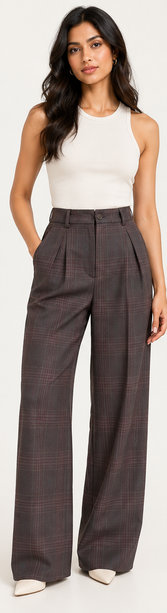 Coffee Plaid High-Waist Straight-Leg Trousers