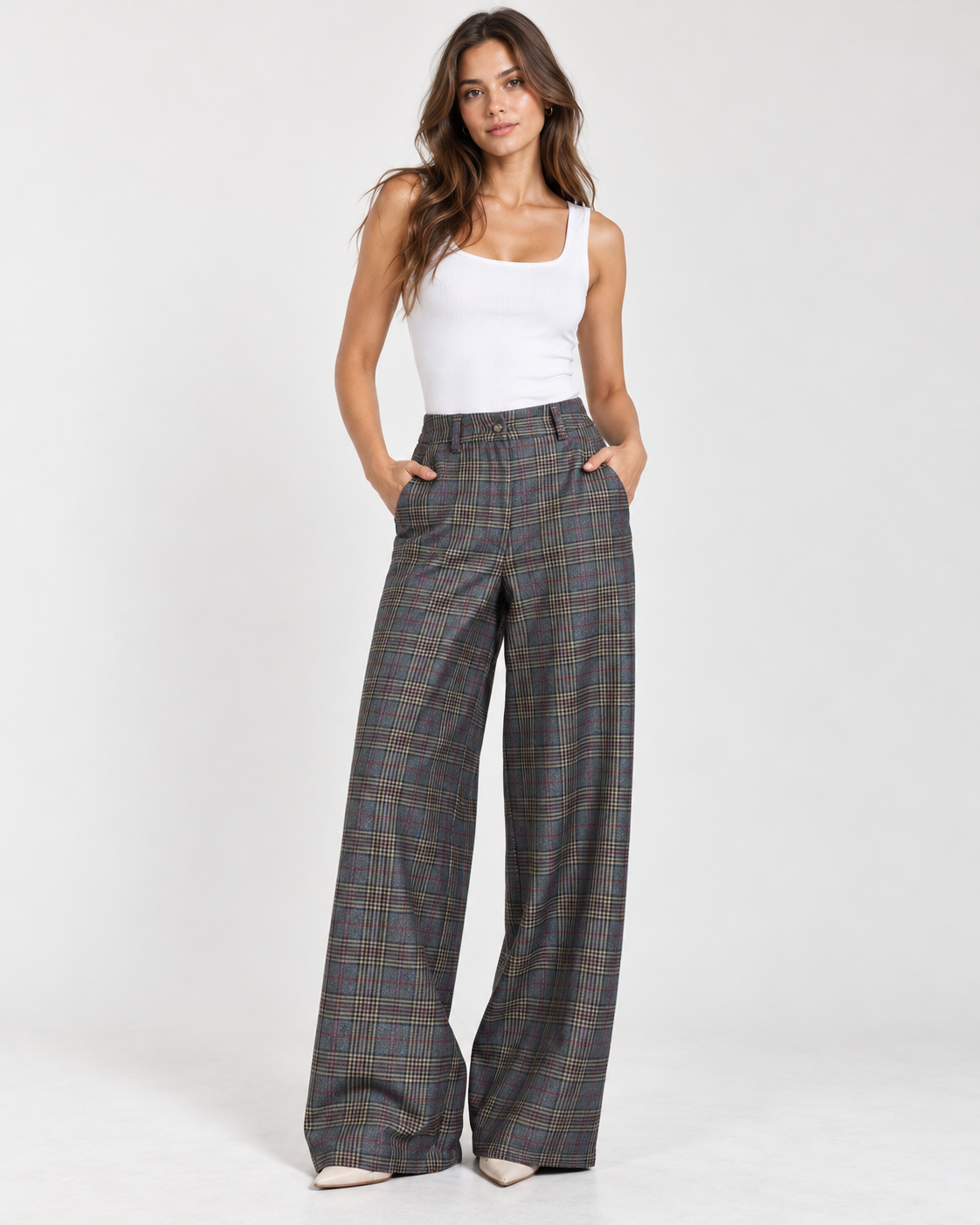 Grey Tartan High-Waist Wide-Leg Trousers