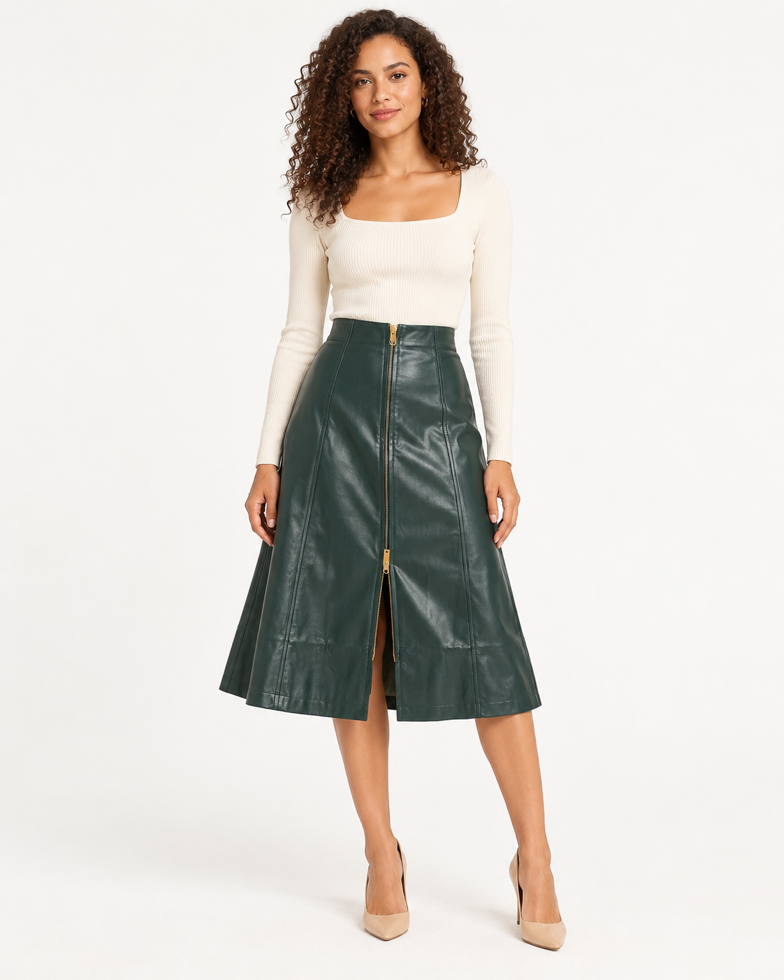 Flared Faux-Leather Midi Skirt with Front Zip