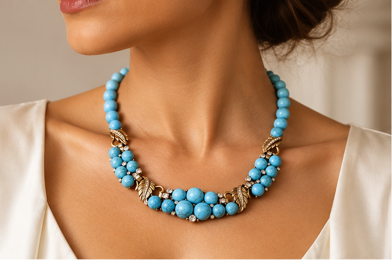 Vintage 18K Gold-Plated Leaf & Turquoise Statement Necklace