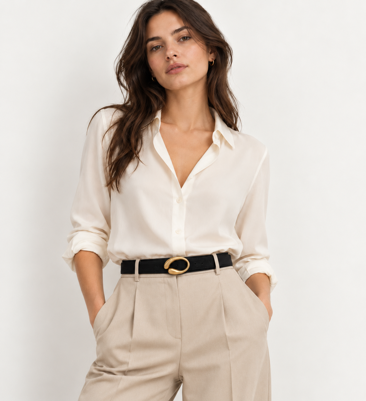 Polished-Buckle Genuine Leather Belt