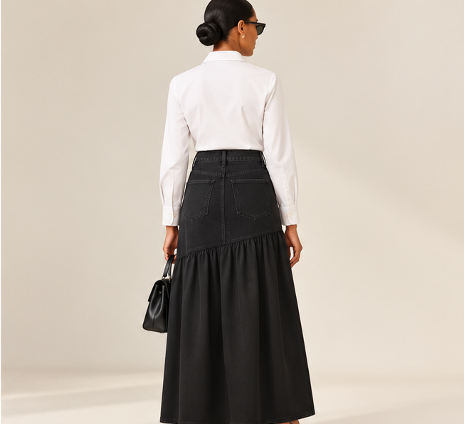 Denim & Poplin A-Line Maxi Skirt – High Waist Color Block