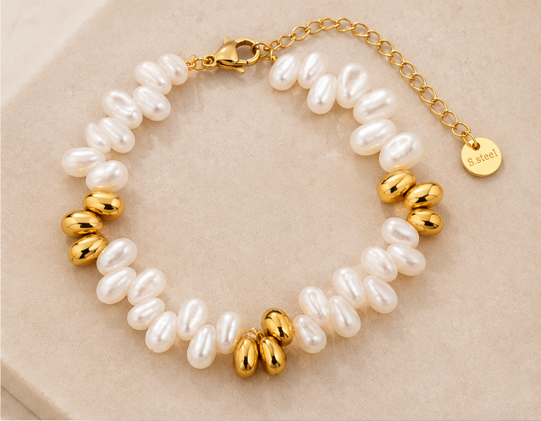 Imitation Pearl 18K Gold-Plated Stainless Steel Bracelet