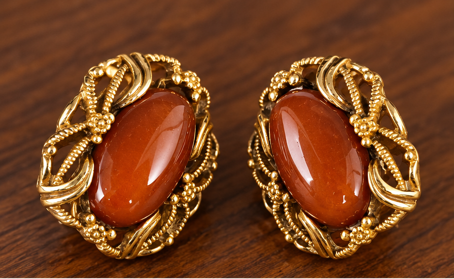 Pendientes elegantes de piedra marrón vintage con marco floral dorado