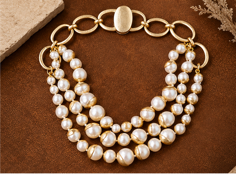 Elegant Vintage Triple-Strand Pearl Necklace Gold Accents