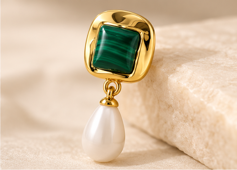 Elegant 18K Gold-Plated Malachite & Pearl Drop Earrings