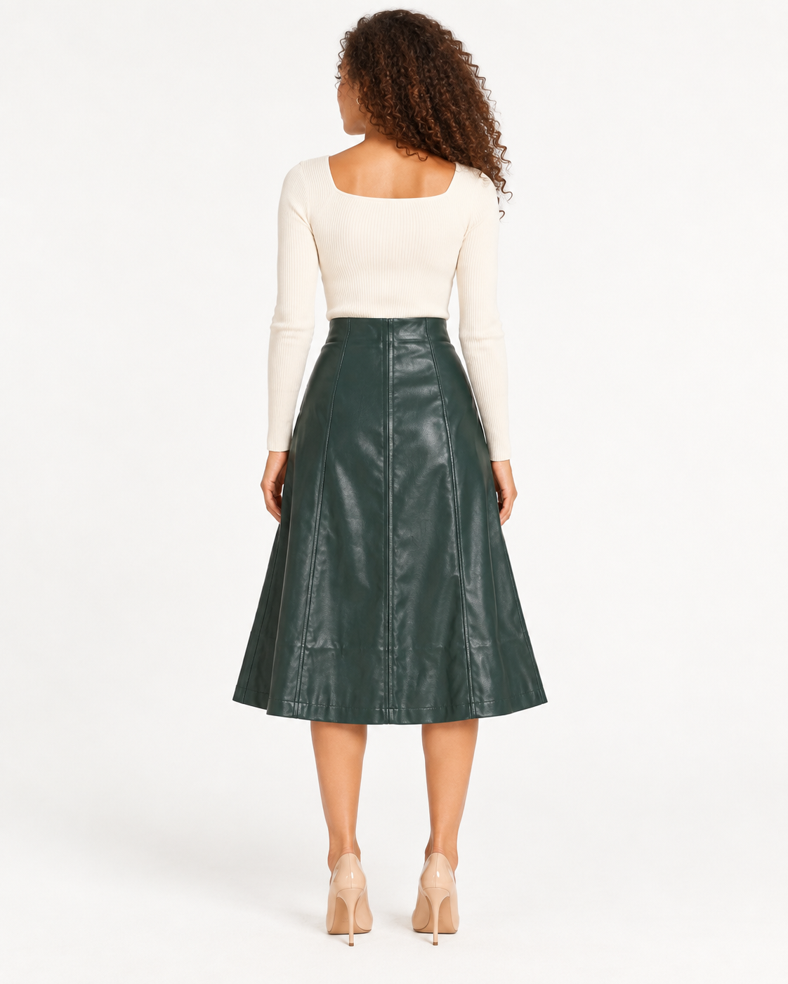Flared Faux-Leather Midi Skirt with Front Zip