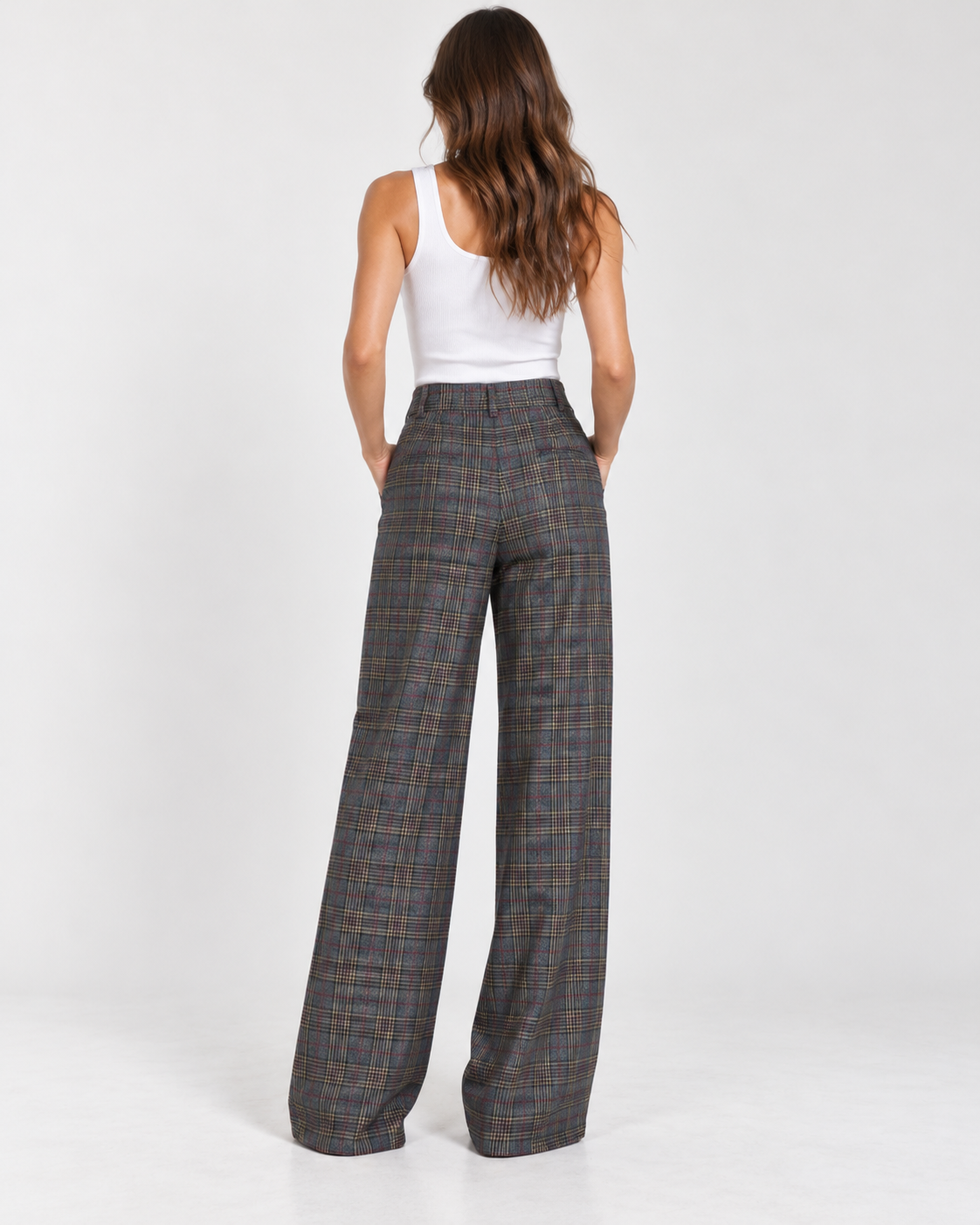 Grey Tartan High-Waist Wide-Leg Trousers