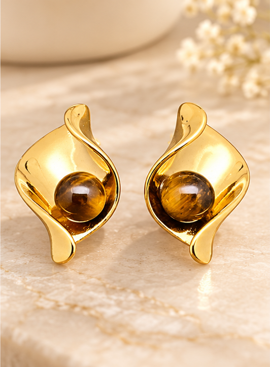 Tiger's Eye Stone Geometric 18K Gold-Plated Stainless Steel Earrings