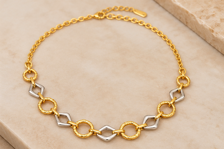 Two Tone Geometric linked 18K Gold-Plated Stainless Steel Necklace