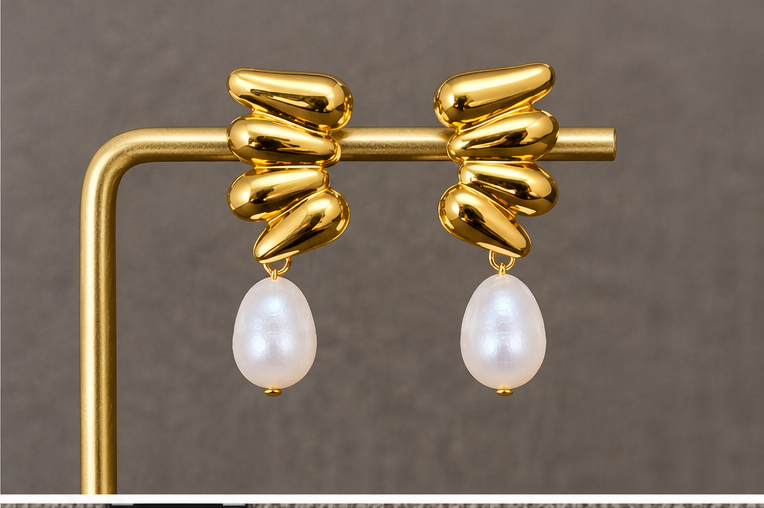 Pearl Glossy Geometric 18K Gold-Plated Stainless Steel Earrings