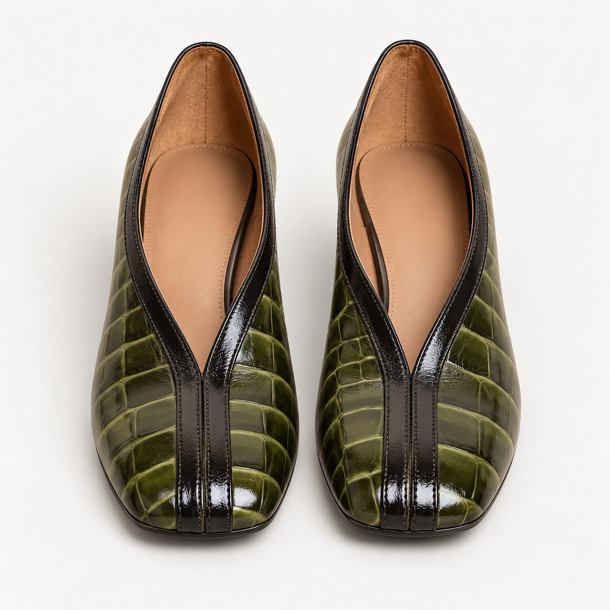 Green Croc-Print V-Seam Block-Heel Pumps