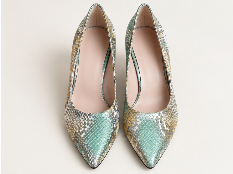 Mint & Silver Python-Print Pointed-Toe Pumps
