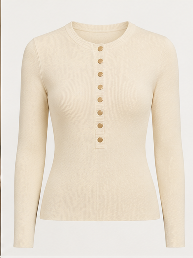 Ecru Gold Button Detail Cotton Knit Long Sleeve Top