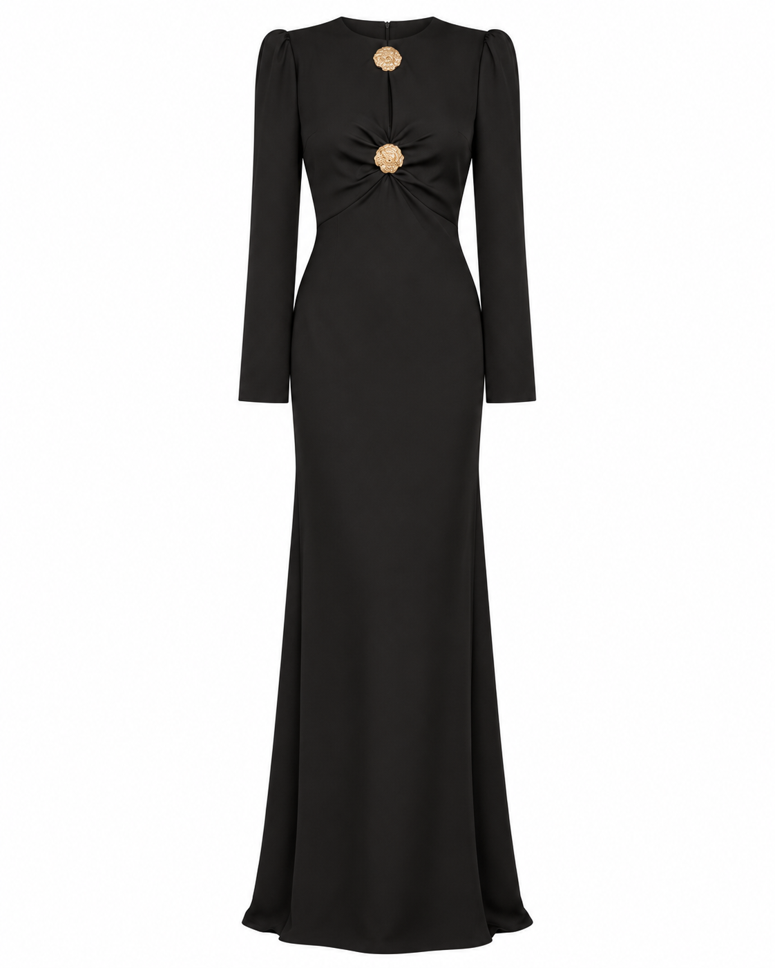 Gold Button Embellished Gathered Maxi Dress