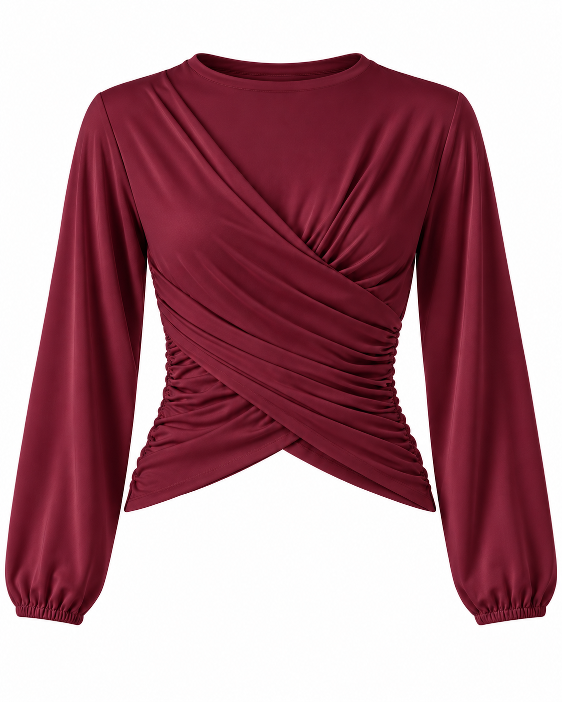 Draped Front Satin Blouse – Balloon Sleeve Elegant Top