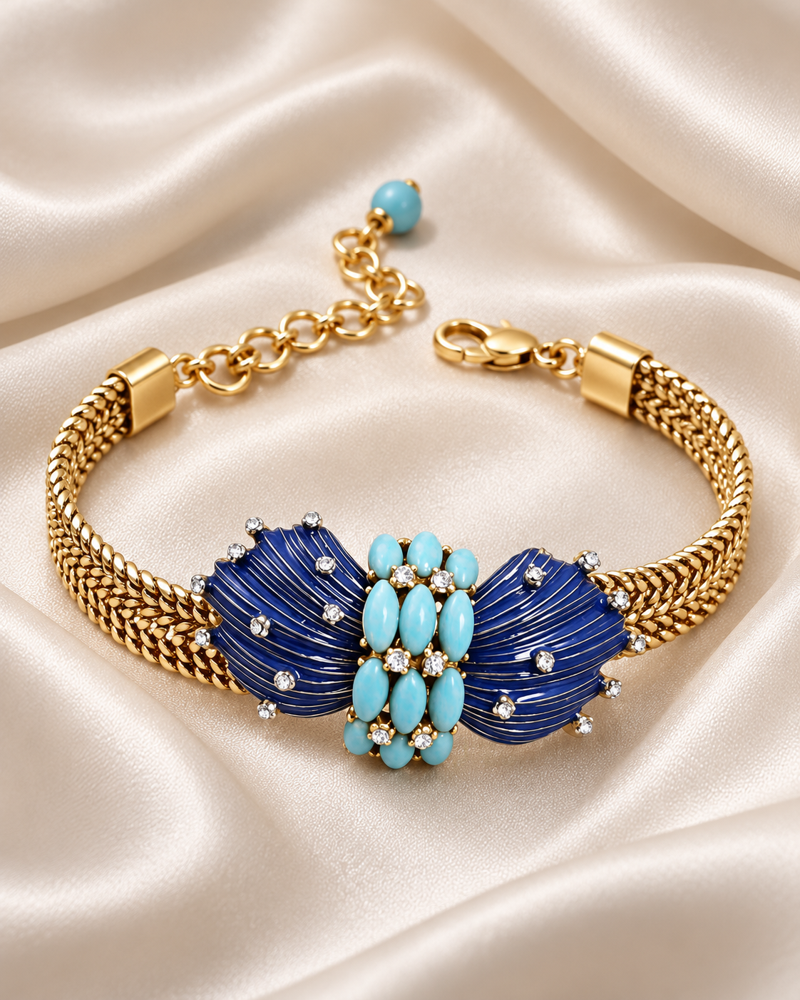 Pulsera vintage de esmalte y turquesa bañada en oro de 18 quilates