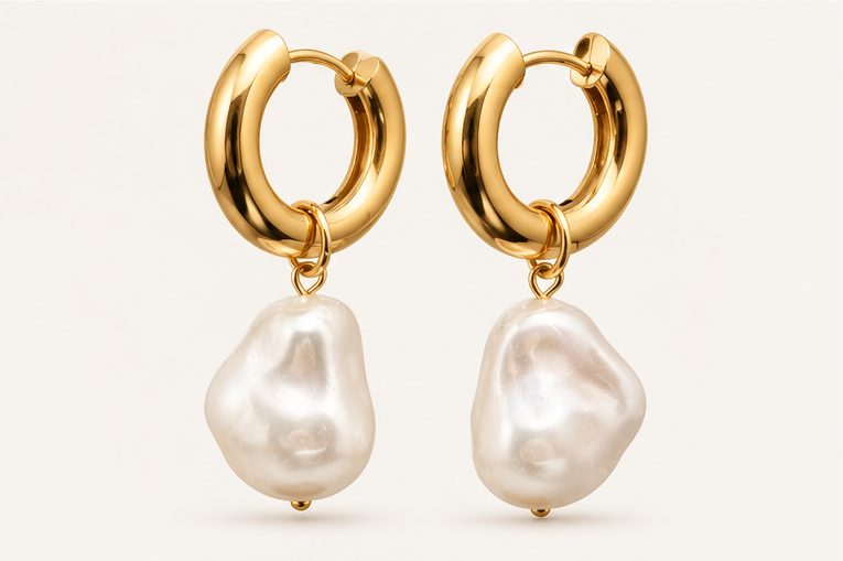 Pearl Charm Pendant 18K Stainless Steel Huggie Earrings