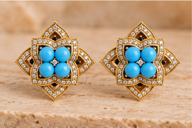 Vintage 18K Gold-Plated Enamel Turquoise & Crystal Earrings