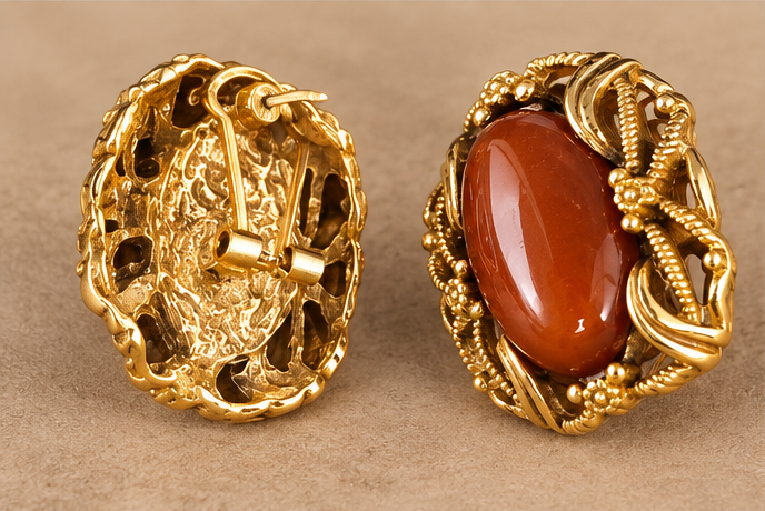 Pendientes elegantes de piedra marrón vintage con marco floral dorado