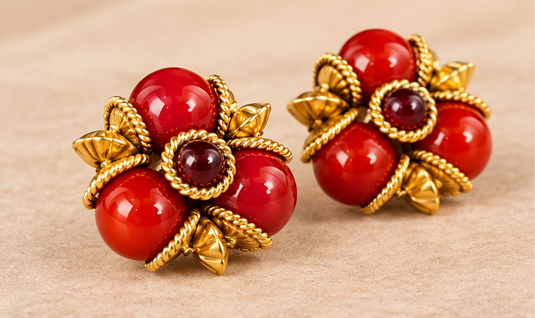Vintage 18K Gold-Plated Red Agate Leaf Cluster stud Earrings
