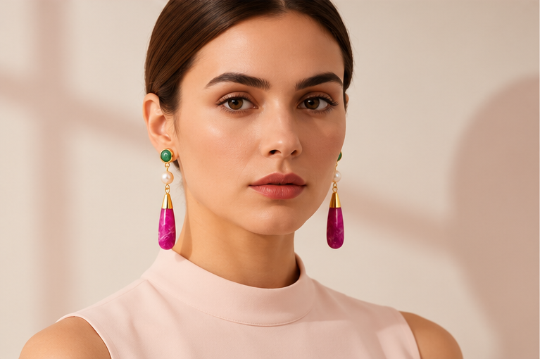 Gold-Plated Freshwater Pearl and Red Stone Dangle Earrings
