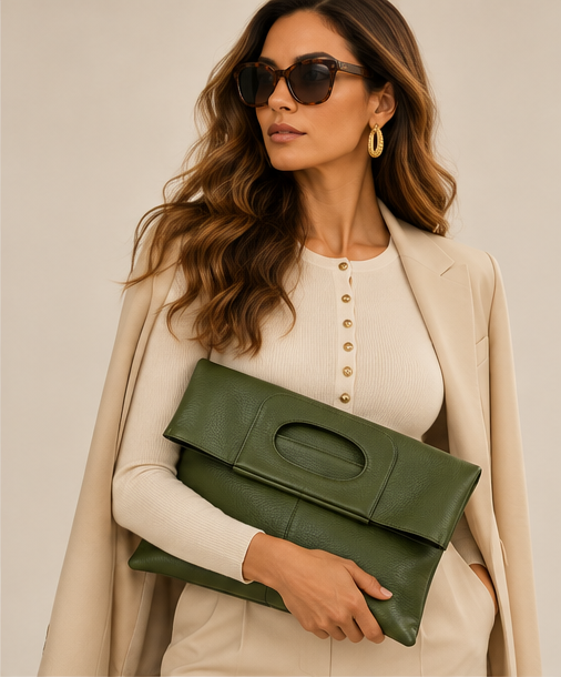 Fold-Over Italian Leather Clutch Bag