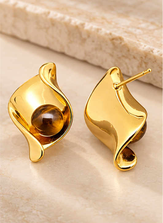 Pendientes geométricos de acero inoxidable bañado en oro de 18K con piedra ojo de tigre
