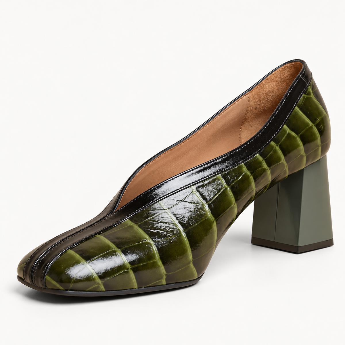 Green Croc-Print V-Seam Block-Heel Pumps