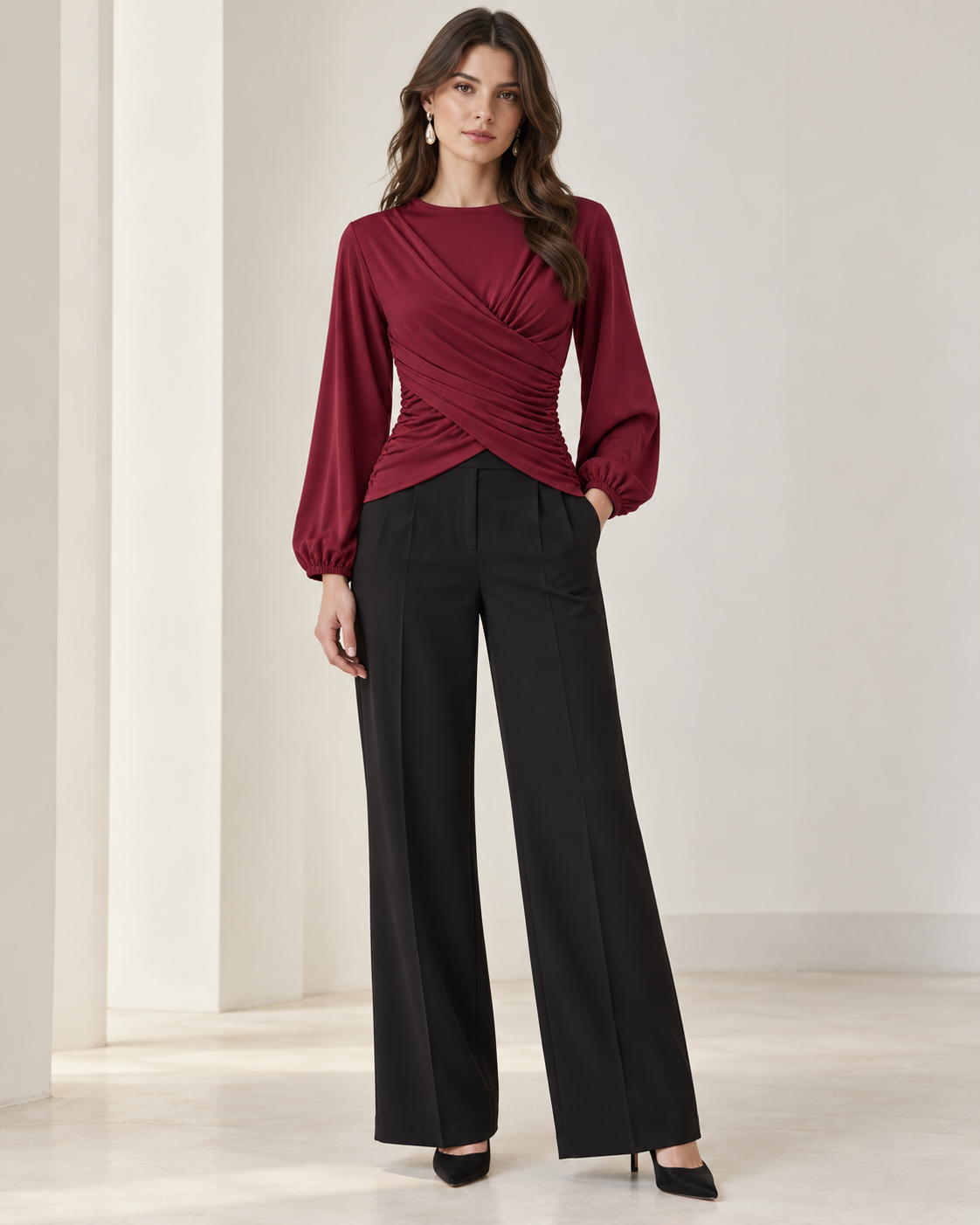 Draped Front Satin Blouse – Balloon Sleeve Elegant Top