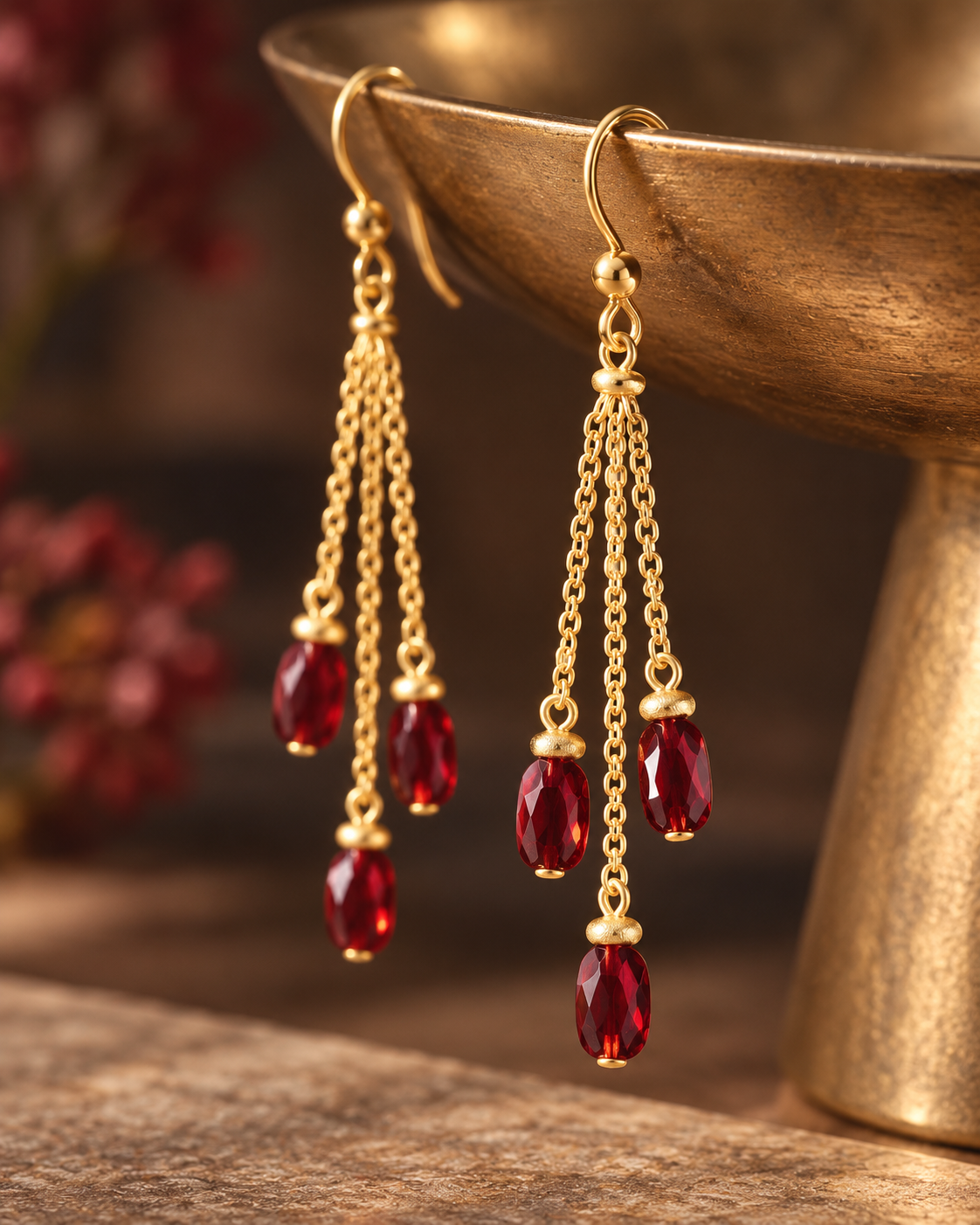 Vintage 18K Gold-Plated Red Crystals Tassel Earrings