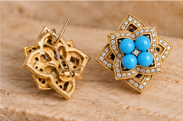 Vintage 18K Gold-Plated Enamel Turquoise & Crystal Earrings