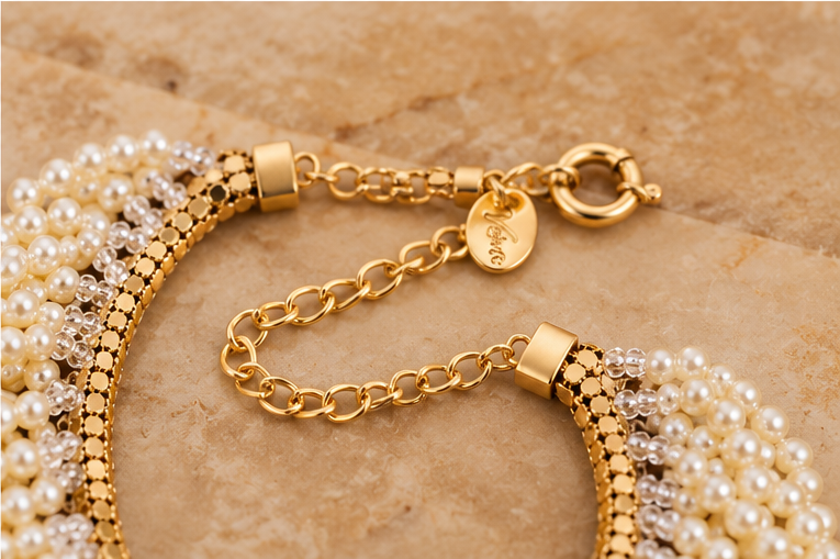Collier de perles tissées à la main, plaqué or 18 carats, élégance vintage