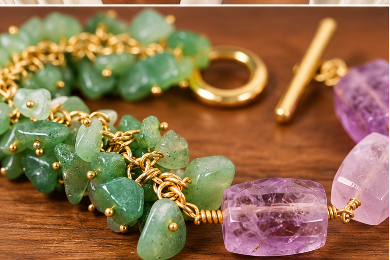Pulsera vintage de amatista natural y esquirlas de jade chapada en oro