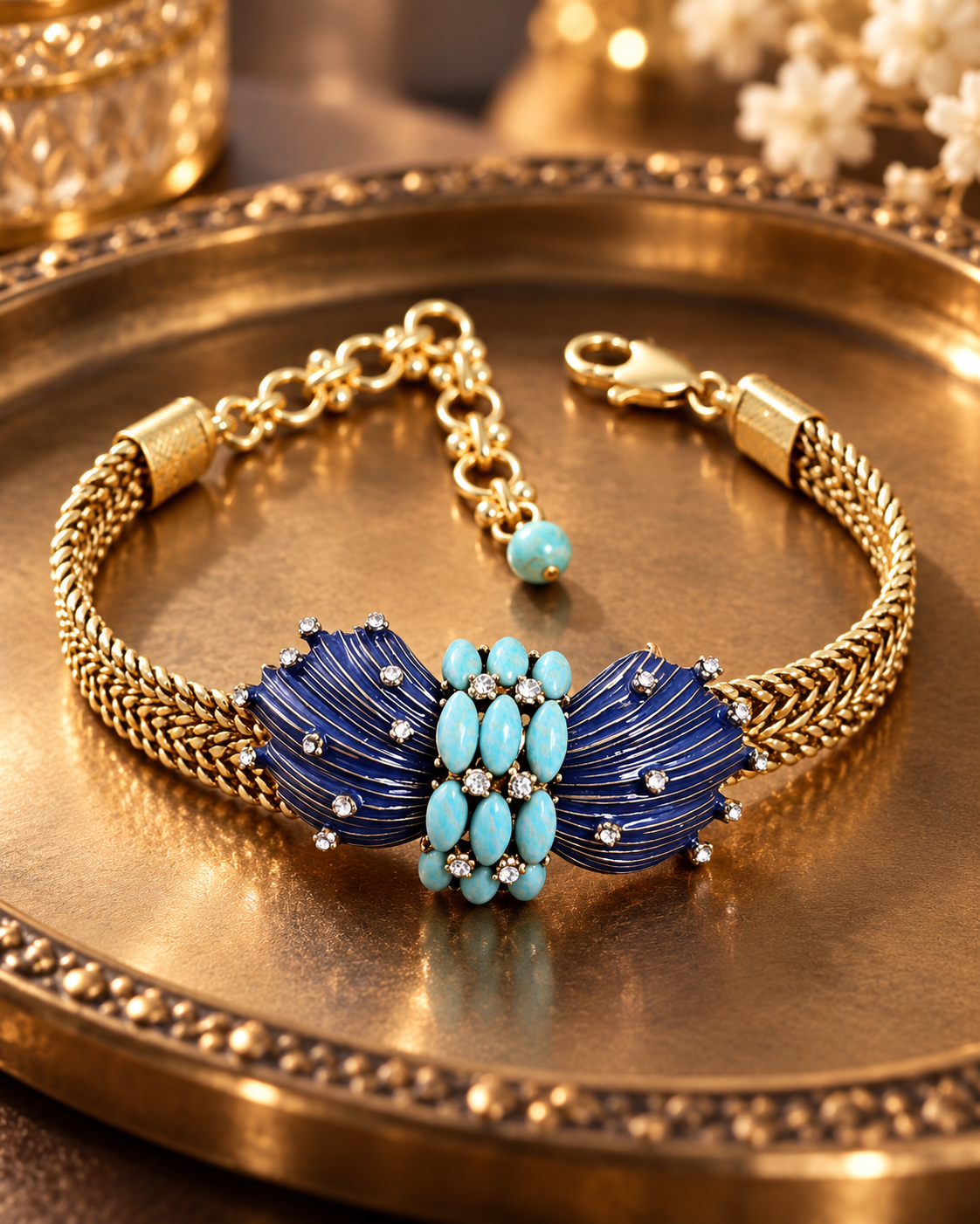 Pulsera vintage de esmalte y turquesa bañada en oro de 18 quilates
