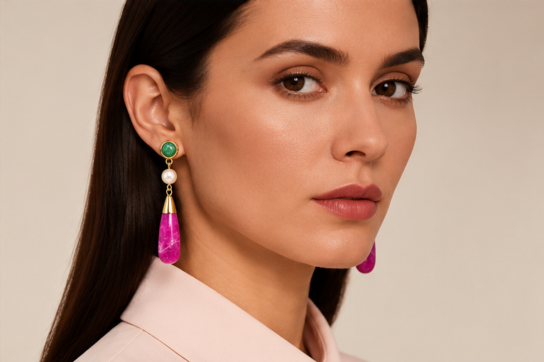 Gold-Plated Freshwater Pearl and Red Stone Dangle Earrings