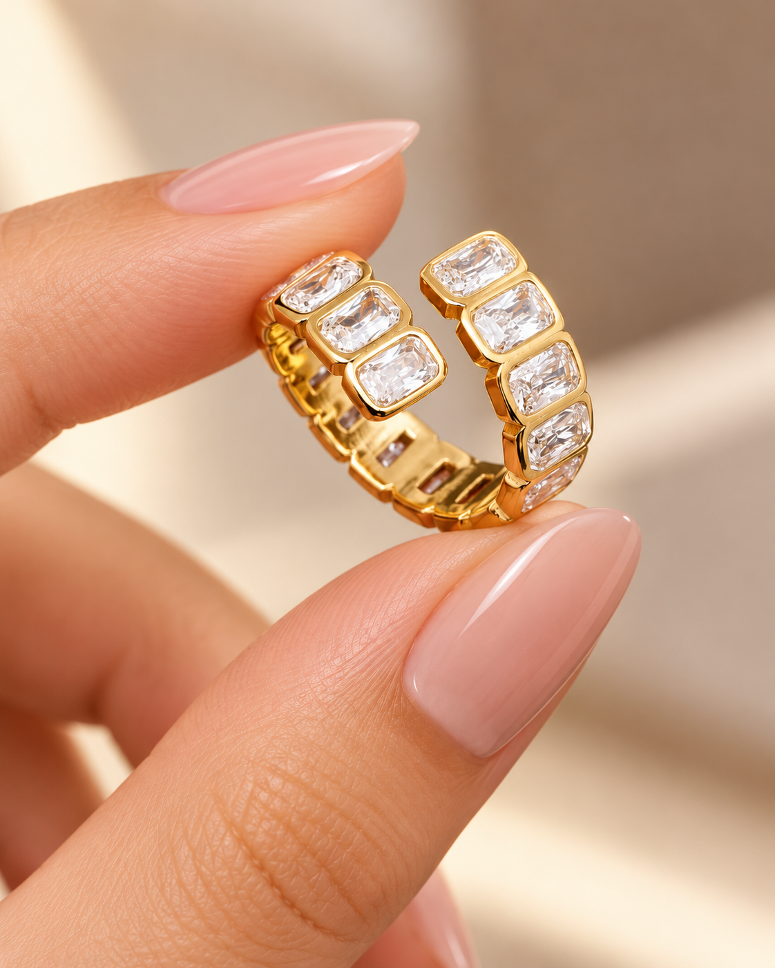 Square Zircon inlaid 18K Gold-Plated Stainless Steel Ring