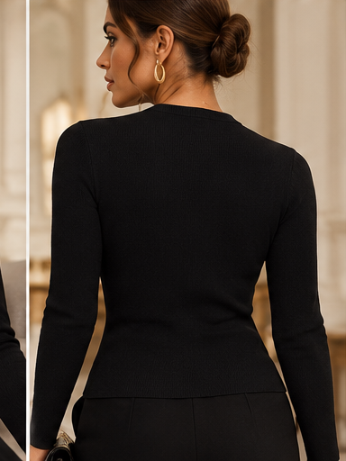 Black Gold Button Detail Cotton Knit Long Sleeve Top