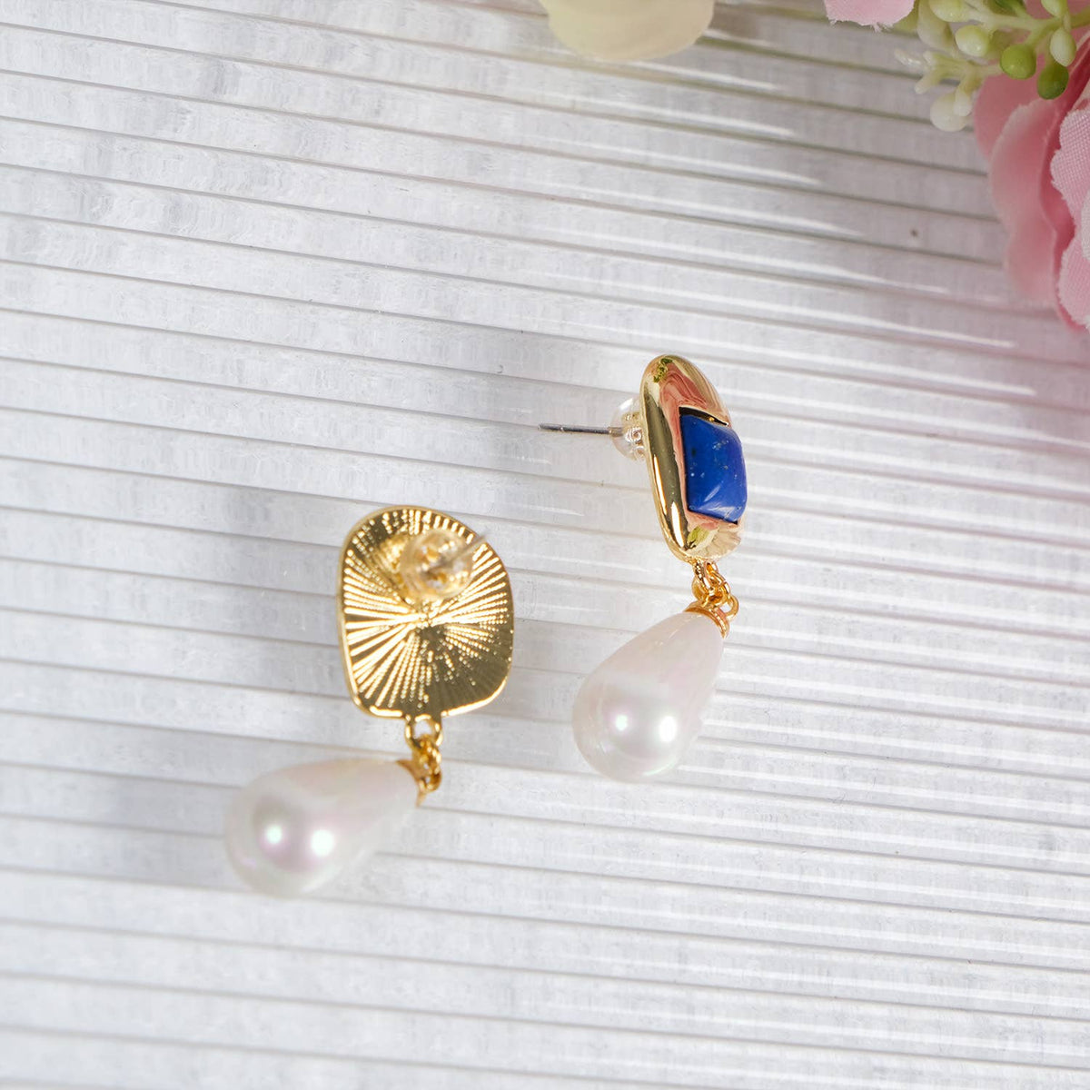 Elegant 18K Gold-Plated Lapis Lazuli & Pearl Drop Earrings | AVRENDI