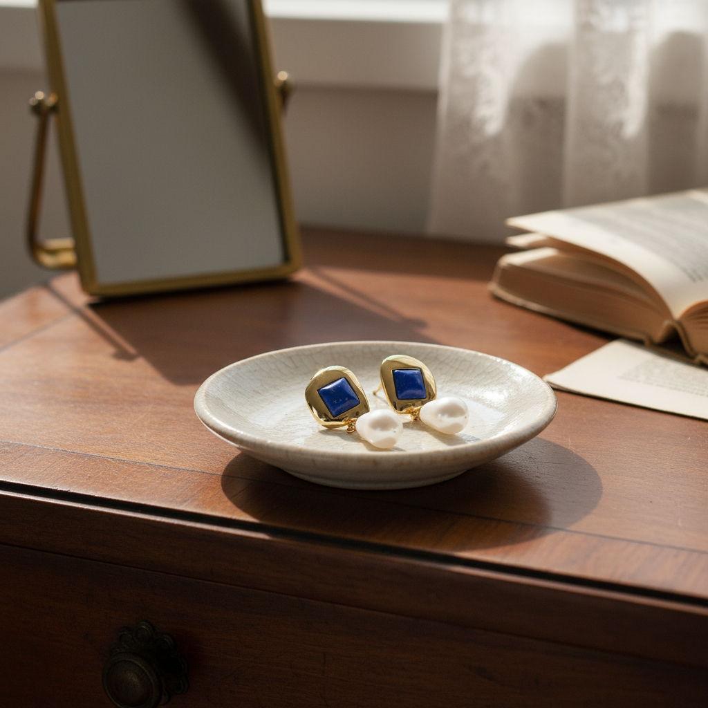 Elegant 18K Gold-Plated Lapis Lazuli & Pearl Drop Earrings | AVRENDI