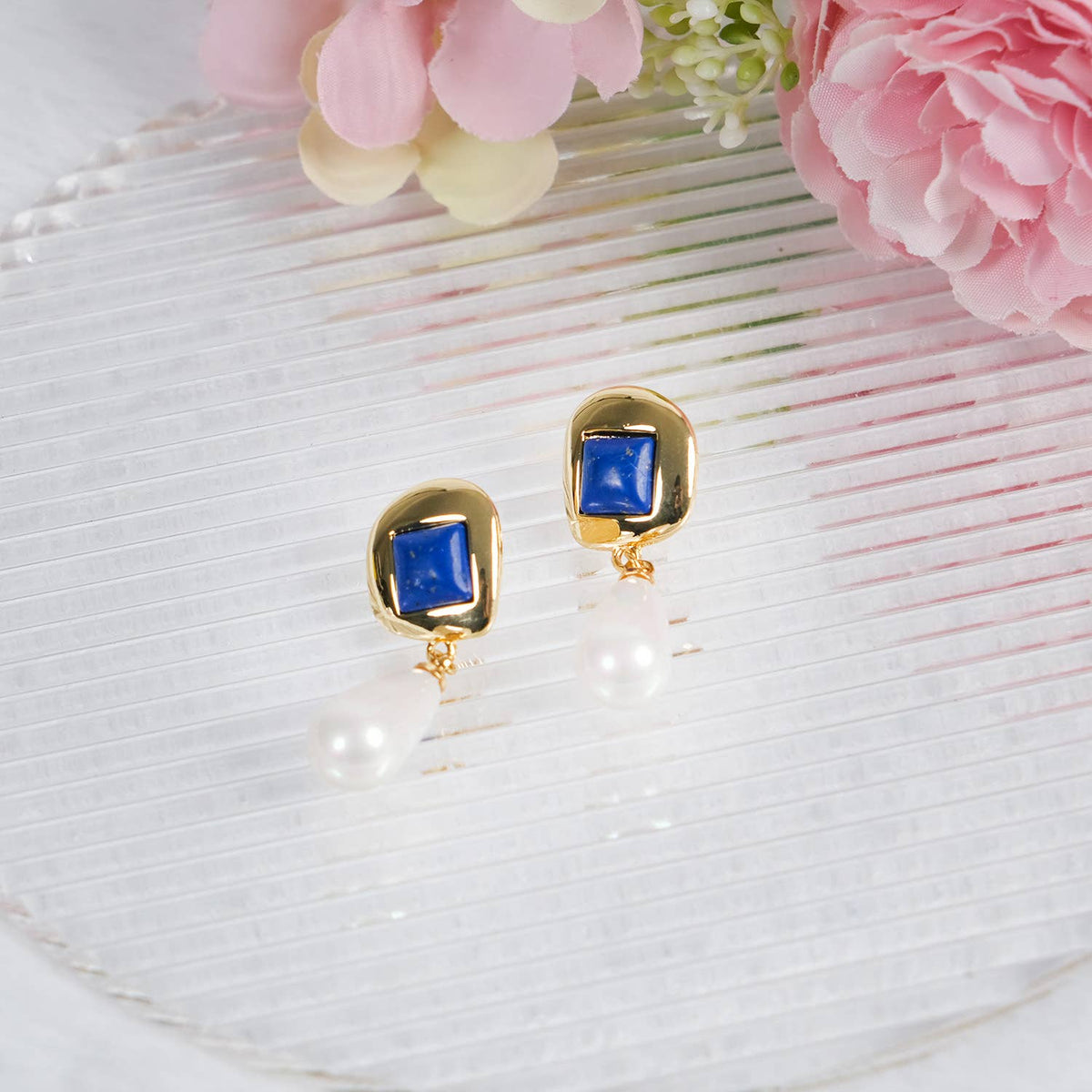 Elegant 18K Gold-Plated Lapis Lazuli & Pearl Drop Earrings | AVRENDI