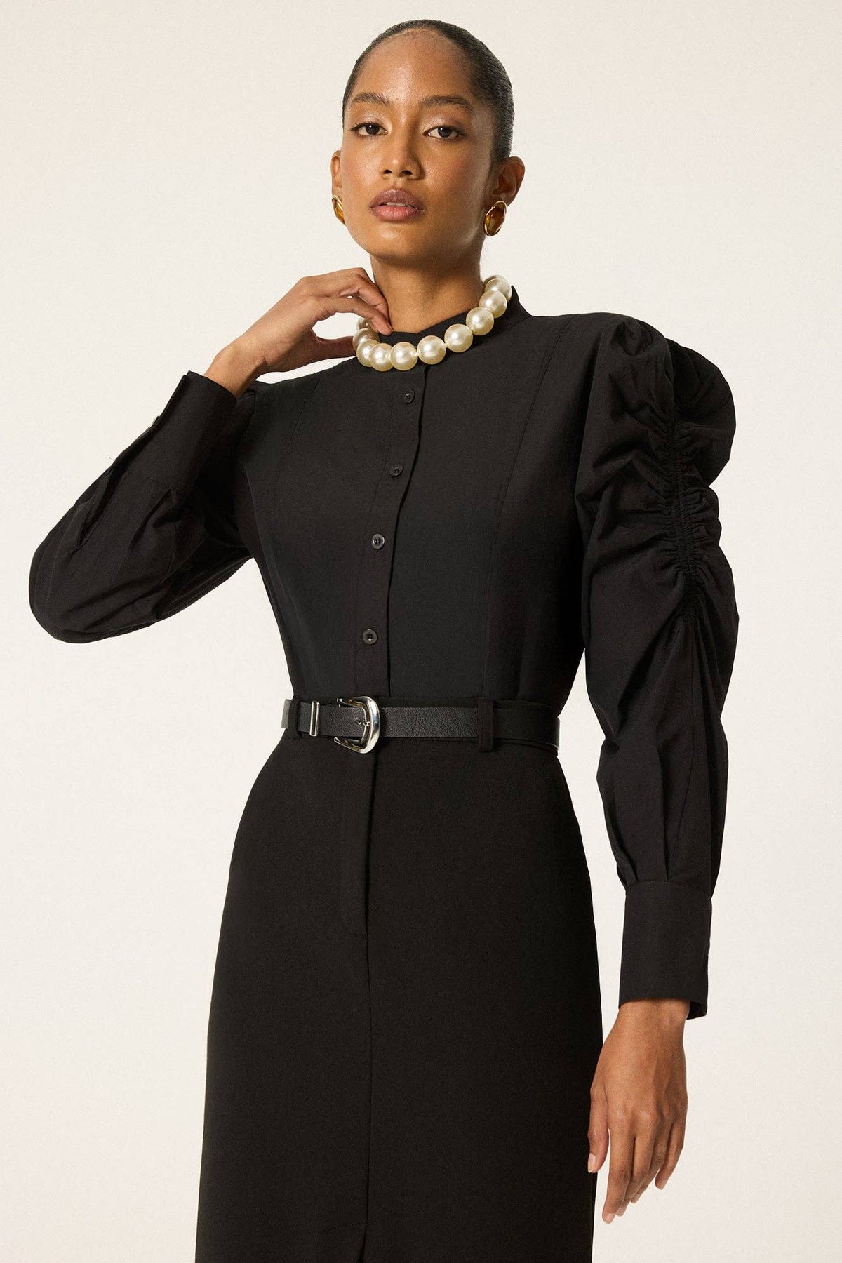 Gathered Sleeve Button-Up Shirt – Elegant Modest Blouse | AVRENDI