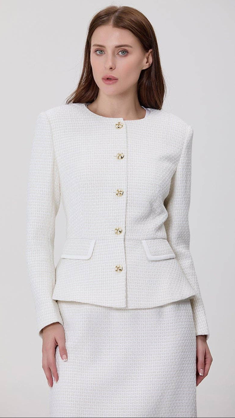 Textured Tailored Jacket with Jeweled Buttons in White | AVRENDI