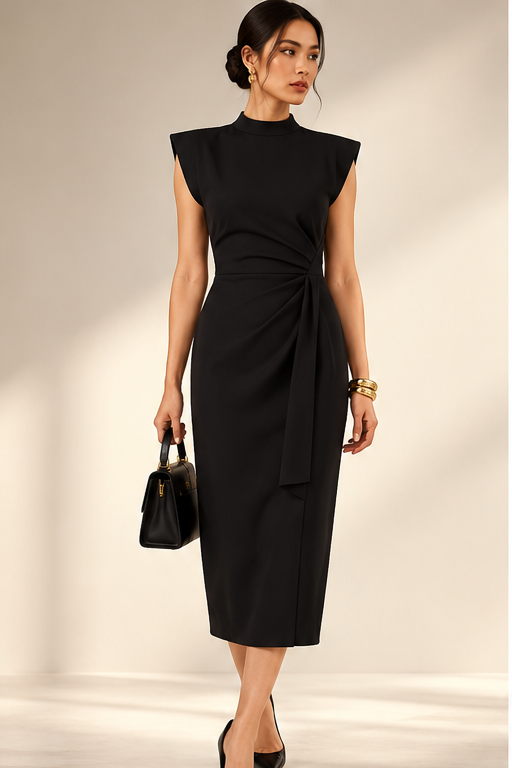 Vestido midi drapeado con cuello alto y lazada frontal – Negro